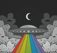 an alien spaceship flying over a rainbow - colored hill in the sky with clouds and stars