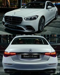 the front and rear view of a white mercedes s - class sedan in three different angles