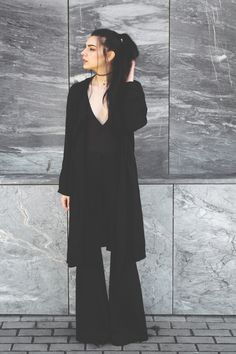 Witchy Outfit Ideas, Chiffon Coat, Deep V Bodysuit, Wear Black Dresses, A Outfit, Black Flare Pants