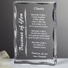 a clear glass plaque with a poem on it