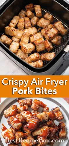 crispy air fryer pork bites on a plate with the words crispy air fryer pork bites