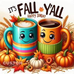 it's fall y'all happy sunday with two mugs and autumn leaves