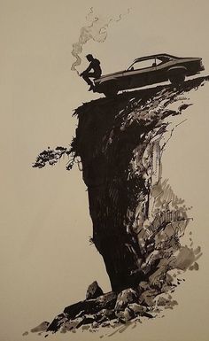 a drawing of a car on top of a cliff with a man sitting on it