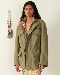 Crafted in Japanese brushed cotton, our army green utility jacket is embellished with brass rivets and snaps. Lined in a polka-dot print tencel, the jacket has multiple pockets and an interior drawstring for cinching. An everyday workhorse jacket. Khaki Utility Jacket With Buttons, Alix Of Bohemia, Green Utility Jacket, Linen Jacket, Brushed Cotton, Striped Linen, Polka Dot Print, Moleskine, New Arrival Dress