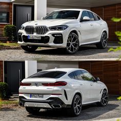 two side by side pictures of the same white bmw x4 and an suv parked in front of a house