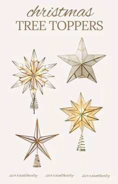 christmas tree toppers are shown in three different styles and sizes, including one star