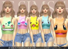 six different types of pokemon crop tops in various colors and sizes, all with emoticions on them