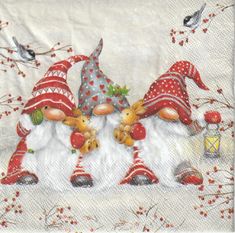 three gnomes with red and white hats on