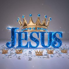 the word jesus is surrounded by blue and gold crowns