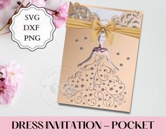 a pink and gold wedding card with an image of a woman in a dress