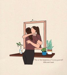 two people hugging each other in front of a mirror with plants on the table behind them