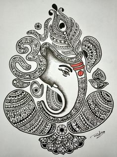 an intricately designed drawing of the face of lord ganesha in black and white