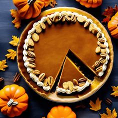 a pumpkin pie on a table surrounded by fall leaves and other autumn decorating items