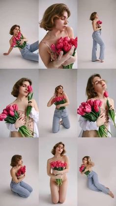 a woman is holding flowers and posing for pictures with her hands behind her back while sitting on the floor