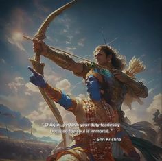 an image of a woman holding a bow and arrow in front of a sky with clouds