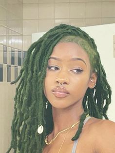 Mint Green Locs, Loc Inspo Black Women Color, Mid Length Locs Hairstyles, Skunk Stripe Locs Black Women, Dyed Roots On Locs, Green And Black Locs, Locs And Tattoos, Blonde Dreads Black Women, Dark Green Locs