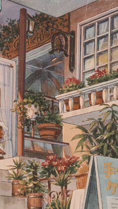 a painting of a kitchen with pots and pans on the stove top, potted plants in front of the window