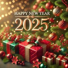 a christmas tree with presents under it and the words happy new year 205