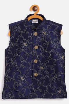 Buy Boys Art Silk Embroidered Nehru Jacket in Navy Blue Mandarin Collar Jacket, Embroidered Buttons, Jacket Store, Festive Wedding, Jacket Fabric, Navy Blue Jacket, Nehru Jacket, Navy Blue Top, Nehru Jackets