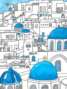 a drawing of some buildings with blue domes in the middle and white roofs on them