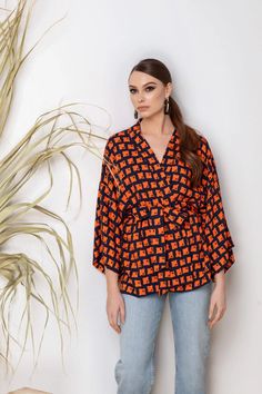 Orange and Black Geometric Print Kimono Top | House of Azoiia Printed Kimono Jacket, Loose Fitting Dresses, Print Kimonos, Long Kimono, Kimono Dress, Kimono Jacket