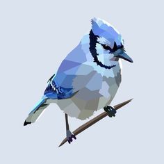 a blue bird sitting on top of a wooden branch in low polygonics style