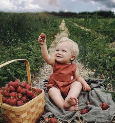 a baby sitting on the ground next to strawberries