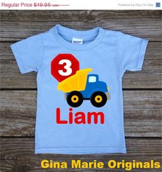 ON SALE Personalized Little Boy's Birthday Shirt in Construction Dump Trucks T-shirt Bodysuit in Blue Grey White Pink Fun Blue Tops For Birthday, Blue Short Sleeve T-shirt For First Birthday, Blue Cotton T-shirt For First Birthday, Blue Summer Birthday Shirt, Blue Summer T-shirt For First Birthday, Blue Shirt For Summer Birthday, Casual Blue Birthday Tops, Casual Blue Tops For Birthday, Blue Crew Neck T-shirt For First Birthday