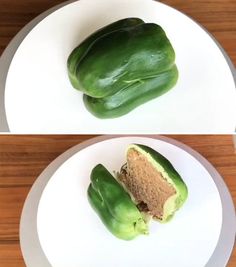 two pictures of green peppers on a white plate