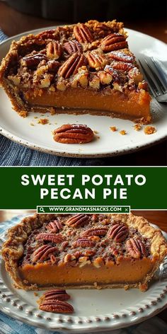 sweet potato pecan pie on a white plate