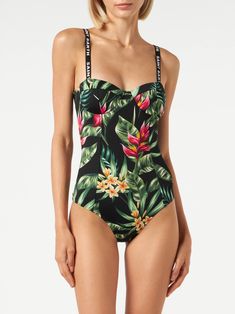 Woman one piece swimsuitUnderwiredTropical leaves jumbo printRegular fitTrue to sizeComposition: 90% polyamide, 10% elastane Saint Barth, Prada Leather, One Piece For Women, Yoga Wear, Tropical Print, The Chic, Style Icon, Beach Outfit, One Piece Swimsuit