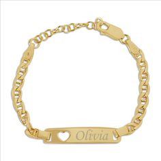 Children's 14K gold plated (over sterling silver) ID bracelet with cut-out heart for baby girls, toddlers, kids, and children.  This includes FREE engraving on one side.   Unique personalized gift for her special occasion that will be treasured for years to come.  This is a durable quality bracelet, created with an Italian designer to be classic and on trend.  Comes in a nice gift box ready for gifting. (Engraving plate measures 6.4 x 28mm) * 14K Gold Plated (over sterling silver...made with all Keep Bracelet, Gift For Newborn, Bracelet With Heart, Id Bracelets, Unique Personalized Gift, Heart Gifts, Heart Bracelet, Chain Link Bracelet, Bracelet Sizes