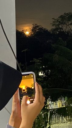 someone taking a photo with their cell phone at night in front of some trees and bushes