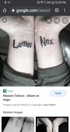 two people with matching tattoos on their arms and one has the word lumos in black ink