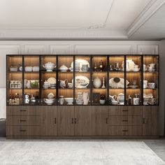 a large display case filled with lots of white plates and bowls on top of wooden shelves