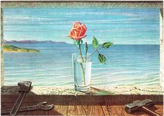 a painting of a rose in a vase on a window sill overlooking the ocean