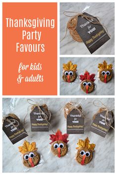 thanksgiving party favors for kids and adults that include turkeys, leaves, and acorns