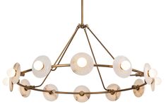 a chandelier with eight lights hanging from it's center point and circular glass shades