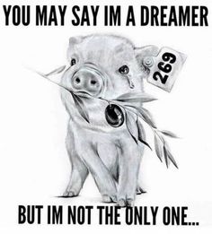 a black and white drawing of a pig holding a sign that says, you may say i'm a dreamer but i'm not the only one