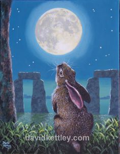 a painting of a rabbit looking up at the moon