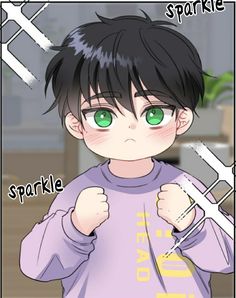 an anime character with green eyes and black hair, holding two scissors in his hands