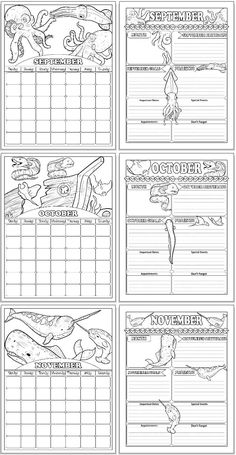 printable calendars for kids with dinosaurs and sea animals on them, each one is blank