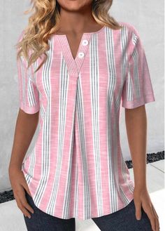 Color:Light Pink;Size:S;Size:M;Size:L;Size:XL;Size:XXL;Package Contents:1 X Blouse;Occasion:Other;Style:Casual; Casual Blouse Shirts, Light Pink Shorts, Trendy Tops For Women, Lovely Tops, Striped Long Sleeve Shirt, Striped Short, Pink Shorts, Trendy Tops, Striped Shorts