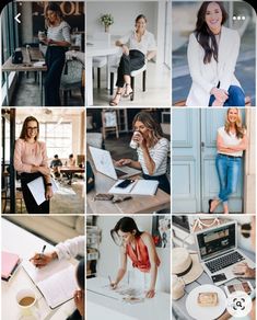 a collage of photos with women working on laptops and writing in notebooks