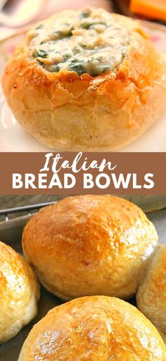 bread bowls with spinach and cheese in them on a white plate next to other rolls