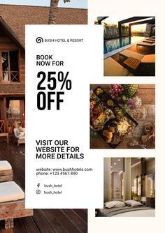 an advertisement for a hotel with pictures of rooms and furniture on the front porch, from $ 25 off visit our website or more details