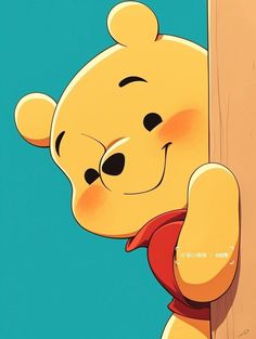 winnie the pooh holding on to a wooden pole with her arms stretched out and eyes closed