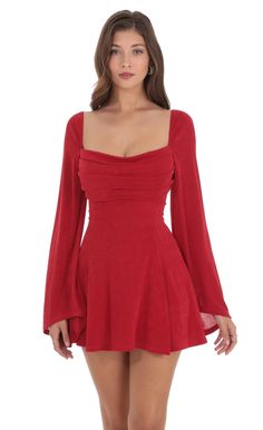 Slinky Flare Sleeve Dress in Red | LUCY IN THE SKY Red Dress Classy Long, Turnabout Dresses, Short Red Dress Formal, Red Hoco Dress, Paris In The Winter, Holiday Formal Dresses, Cute Red Dresses, Dark Red Dresses, Gala Outfit