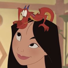 a woman with long black hair wearing a red dragon headpiece on top of her head