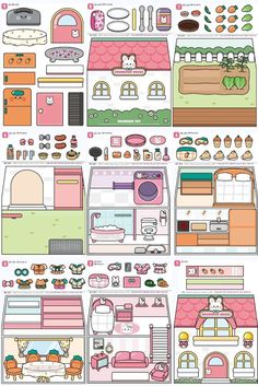 a paper doll house with lots of furniture and accessories